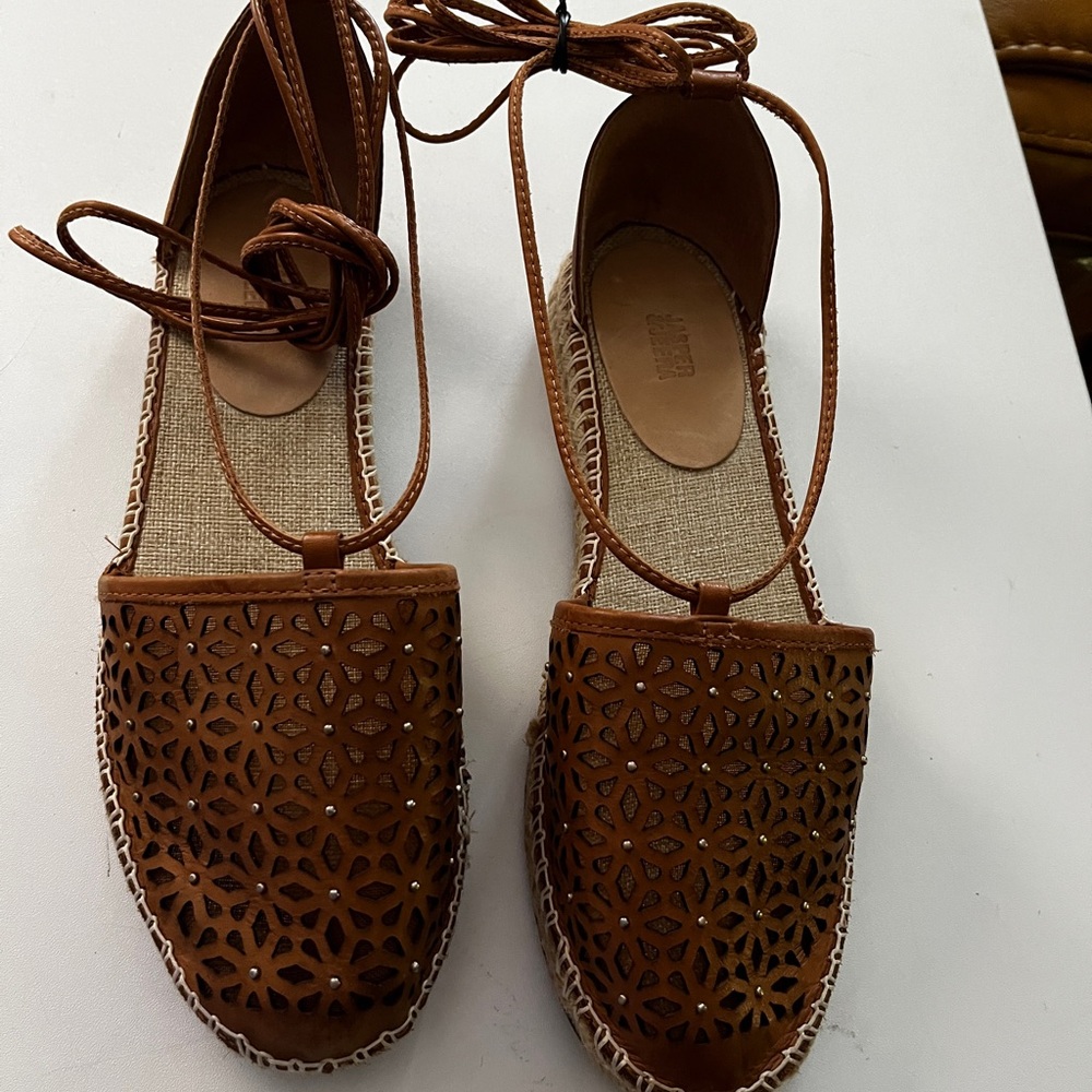 Anthropologie size 8 Brown Leather Laser-Cut Espadrille Ankle-Tie Sandals - Picture 5 of 7